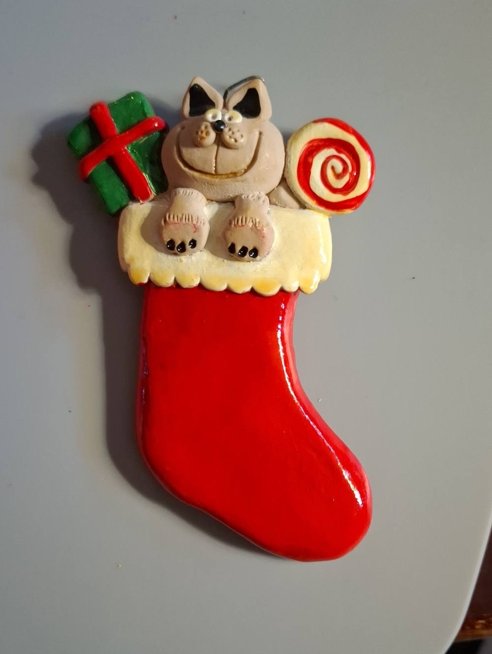 Handcrafted Red Christmas Stocking Ornament with Cat and Candy Accent